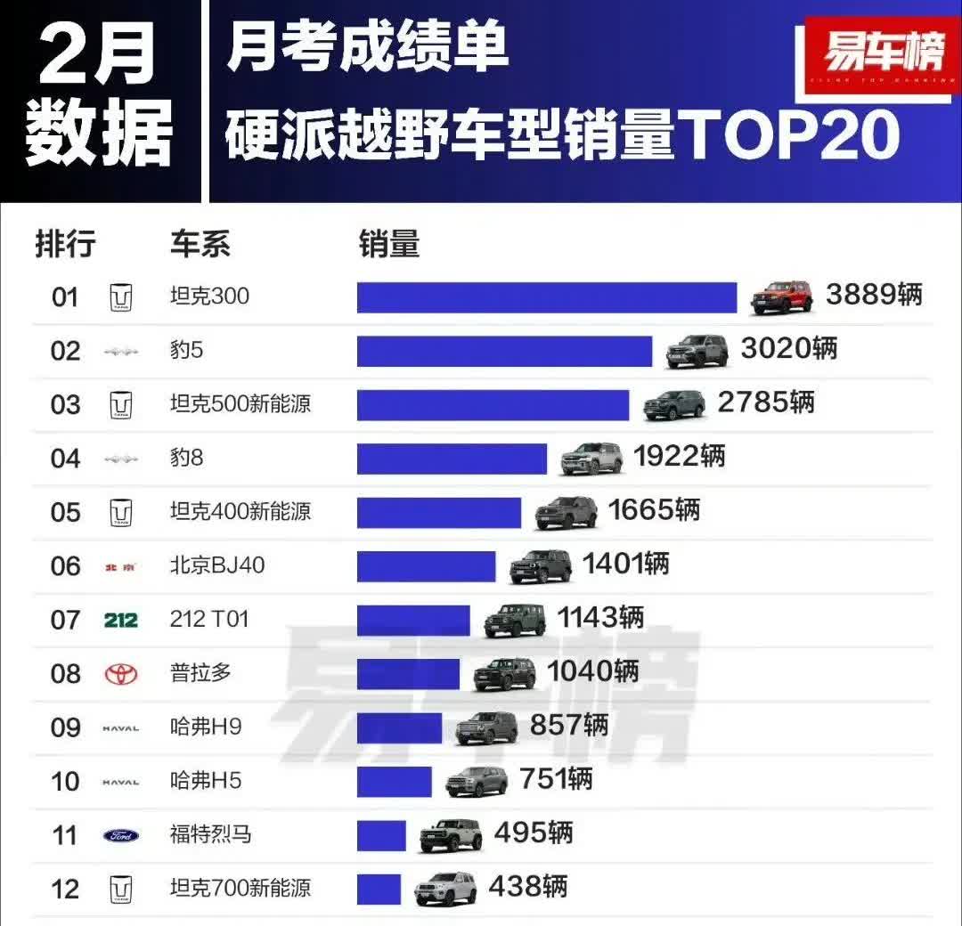 2月硬派SUV排行榜坦克300重回第一，销量3889台豹5第二，3020