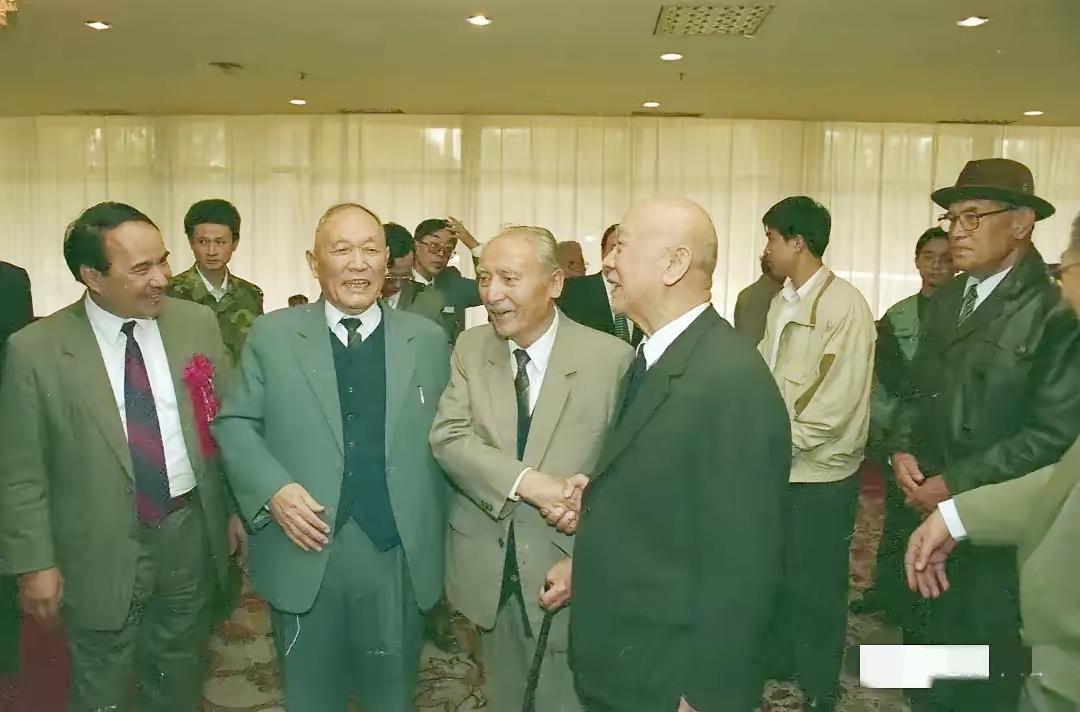 1995年10月，乌鲁木齐。晚年的王恩茂（前右一）与老同事欢聚，前排右二为赛福鼎