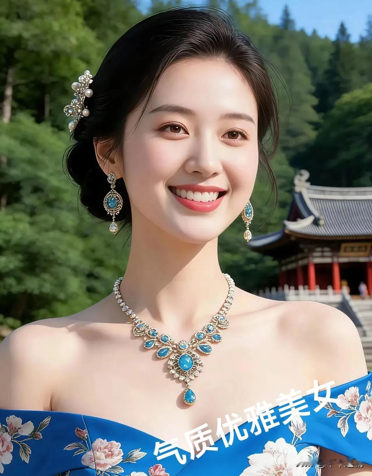 青花裙裹着山风的柔，颈间蓝宝坠着檐角的光，笑意在古殿与林叶间，漾开一整个春日的明