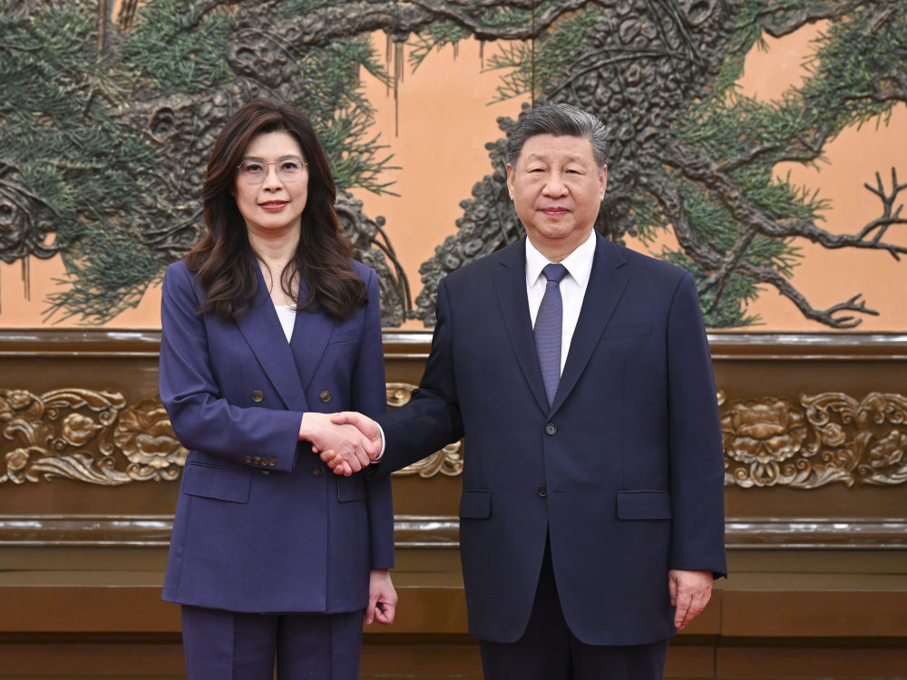 习近平会见郑丽文 两人握手合影
