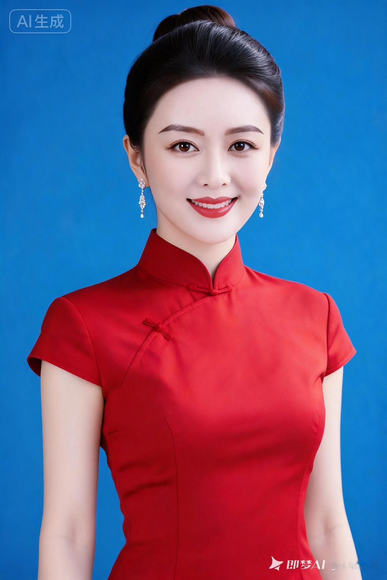 超高清美女图片。依服红色旗袍挺腰头发全部往后，脸大眼高鼻梁，微笑清纯。读者观点
