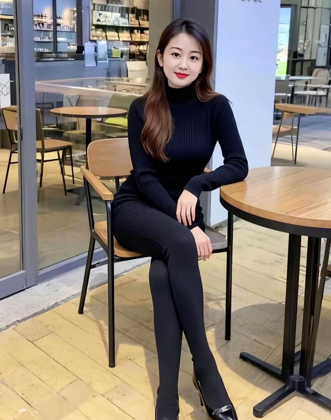 优雅黑丝穿搭，咖啡馆里的时尚气息