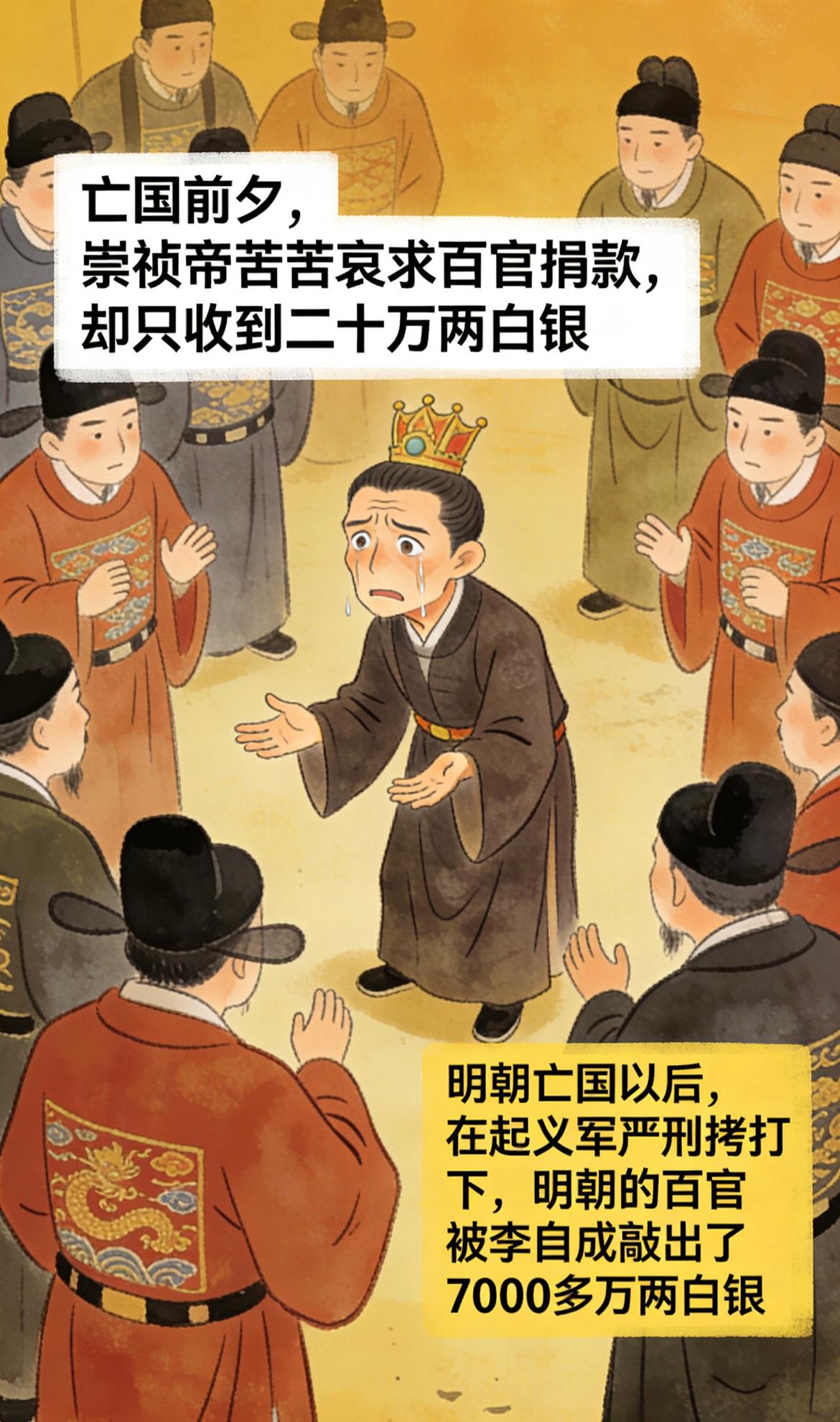 明朝灭亡时有一个很奇特的现象，皇帝没钱，国库没钱，百官因为利用手中权力大肆贪污，