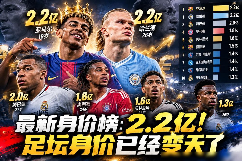 19岁的亚马尔，身价飙到2.2亿欧，直接把姆巴佩从世界第一的位子上拽下来了。德转刚更新的榜，亚马尔和