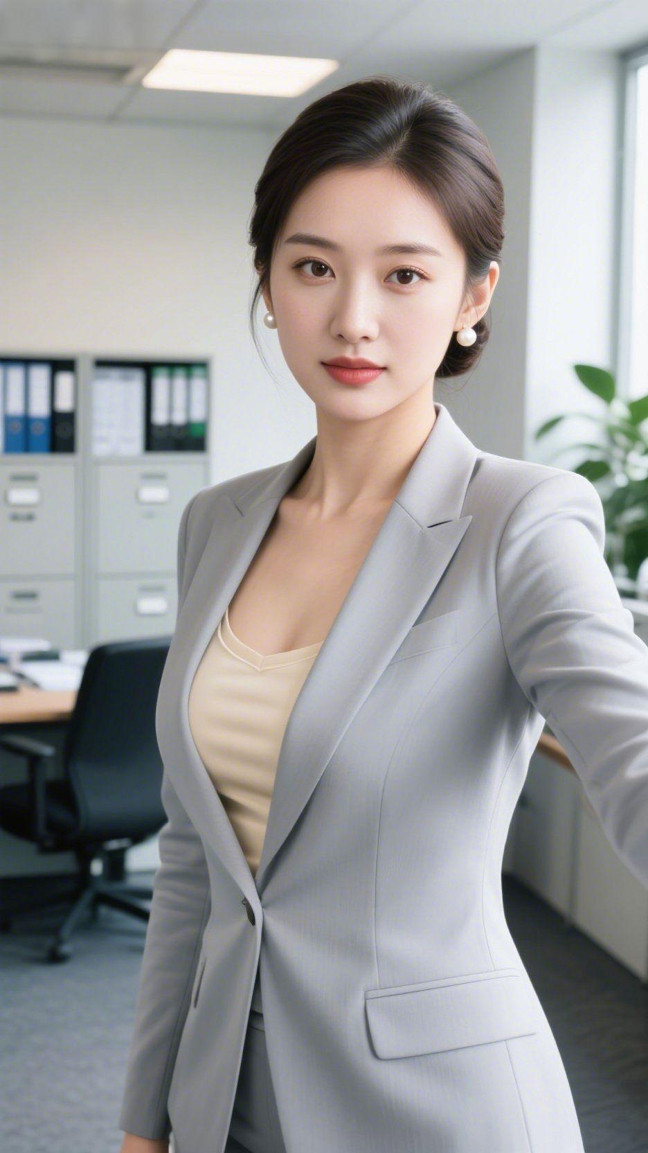 《灰西装裹满办公柔光》办公间的日光刚漫过文件柜沿时，她抬臂的动作恰好落在轻