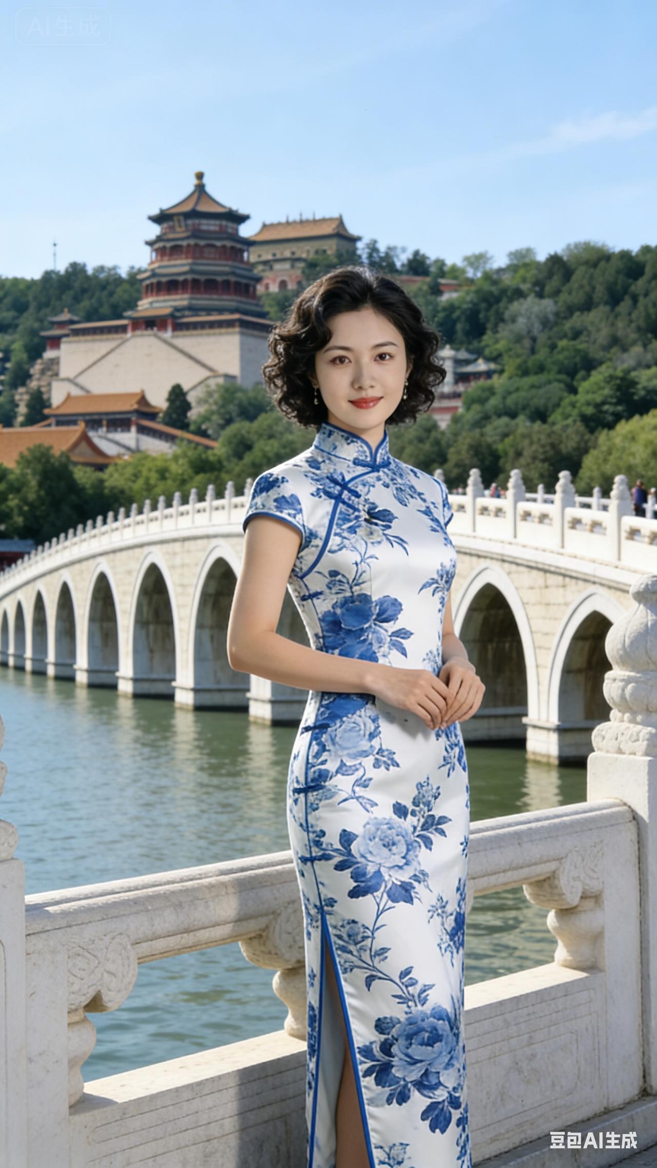 梳着精致民国复古发型，身着蓝白青花瓷纹样双开叉旗袍，身姿优雅立在颐和园石桥之上。