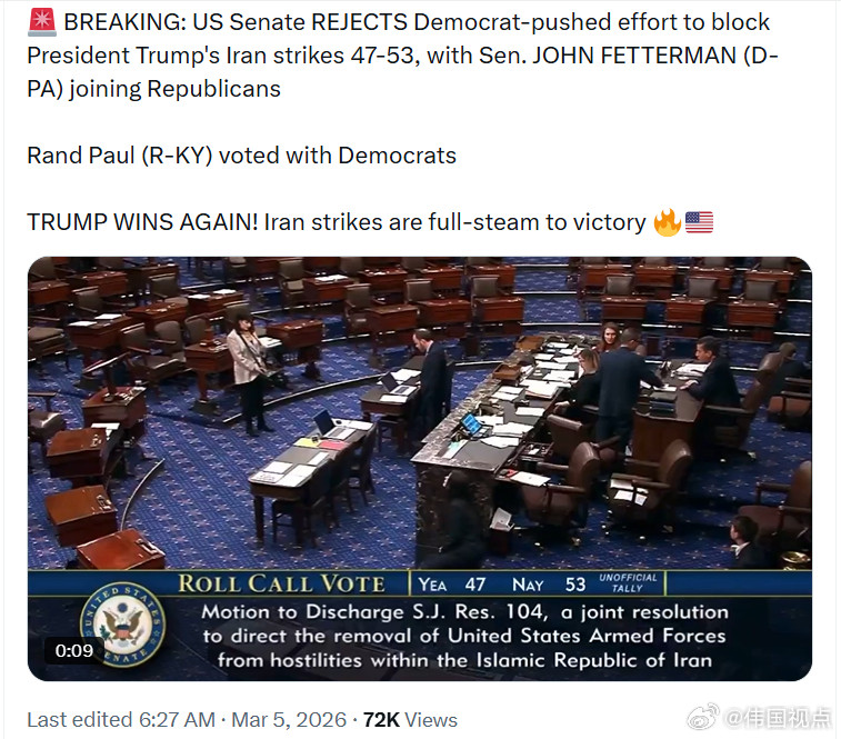 美国参议院否决了民左党推动的阻止特朗普总统对伊朗进行打击的努力，结果是47票对