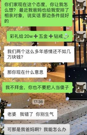 女生直接摊牌，家里安排了相亲，对方愿意出20万彩礼、五金还有钻戒。男生瞬间破