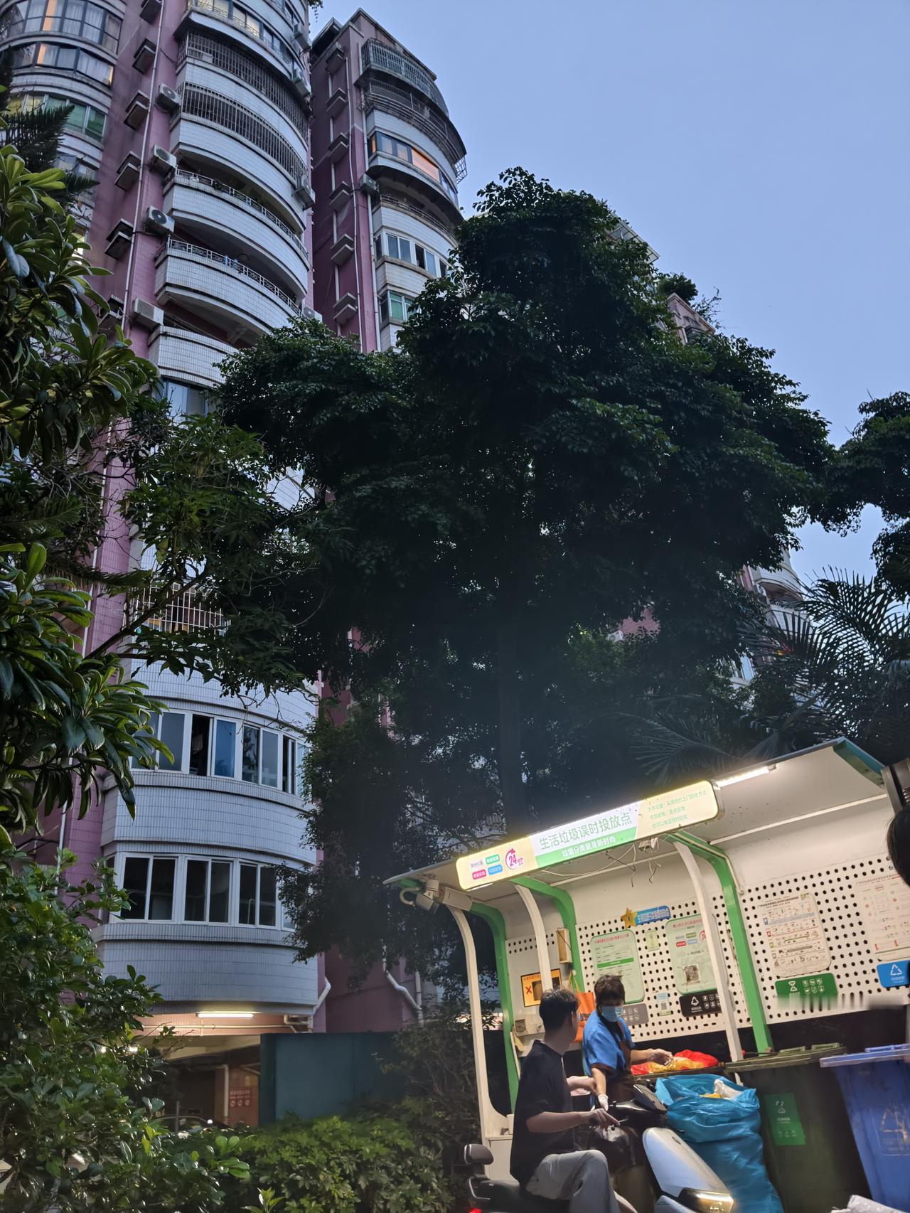 暮色悄悄笼罩小区，天色晕开温柔的蓝调，错落的高层楼宇静静伫立，复古圆亭点缀在园区