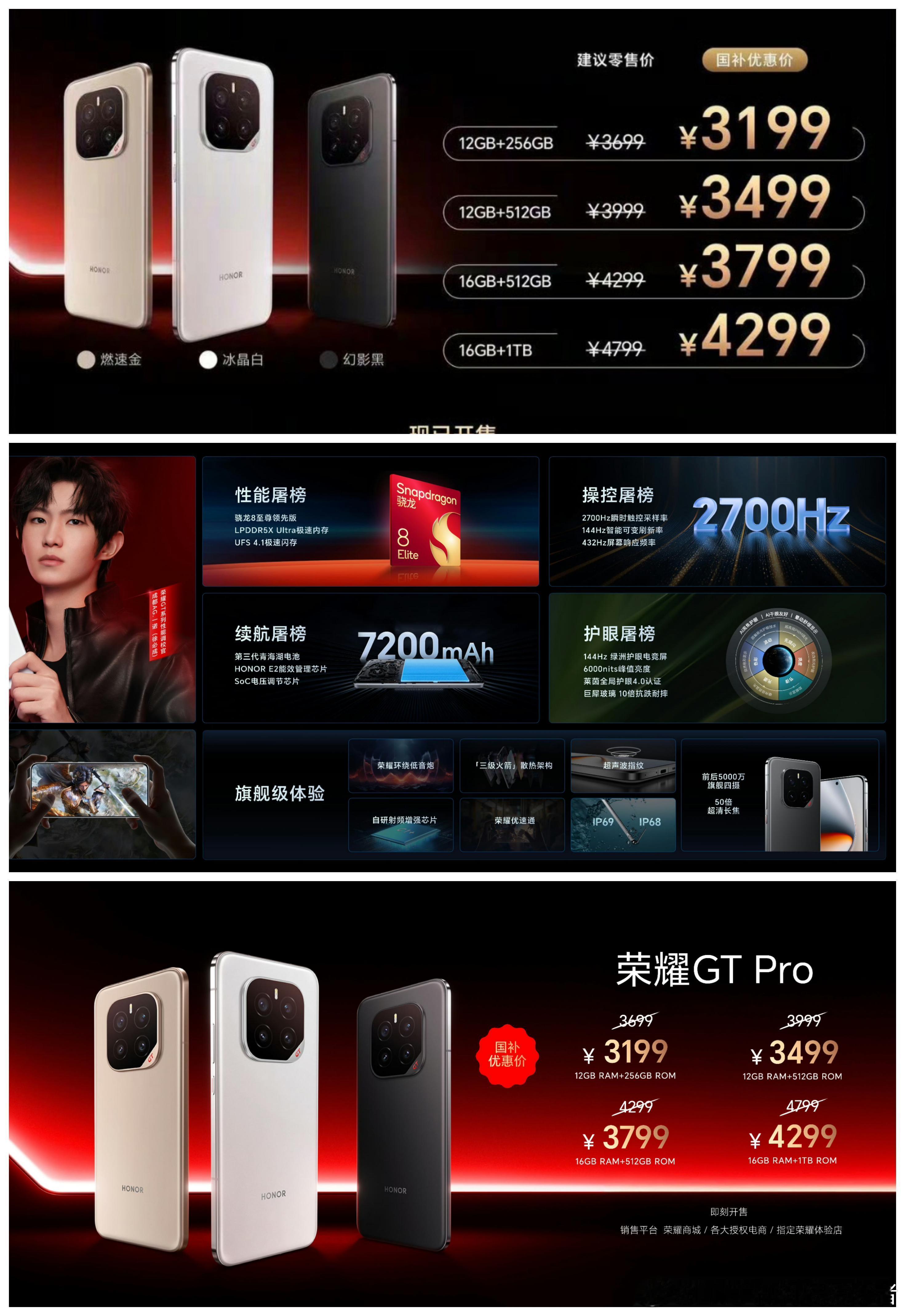 荣耀GTPro发布，这价格可还行？一共有四个配置，售价3699元至4799元，