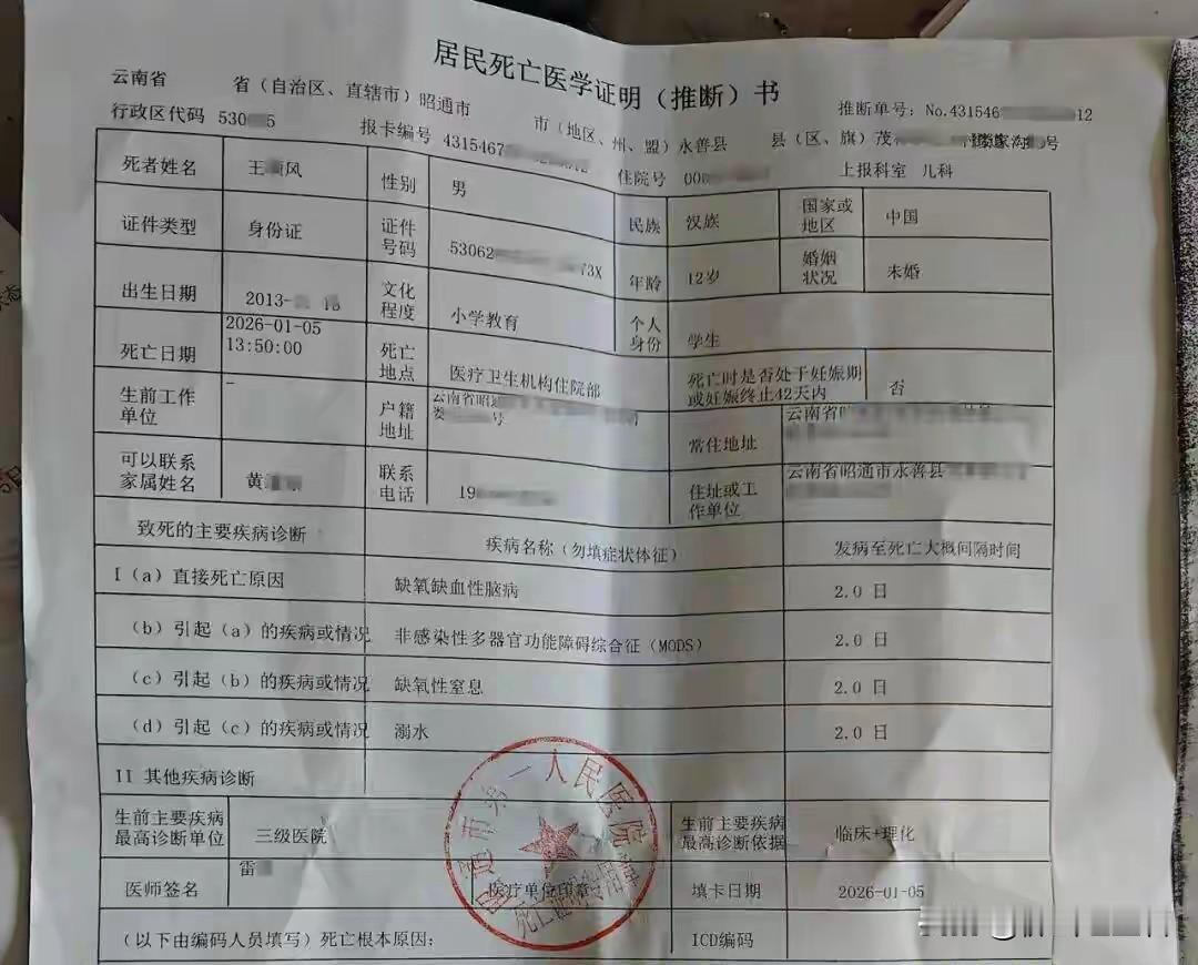 1月8日网友爆料，云南昭通昭阳区一温泉发生悲剧，12岁男孩王某风在紫光世纪温泉泡