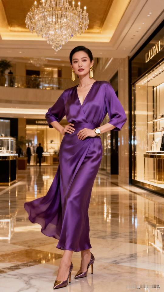 记录我的2026身穿紫色真丝连衣裙的御姐御姐连衣裙高雅气质美女