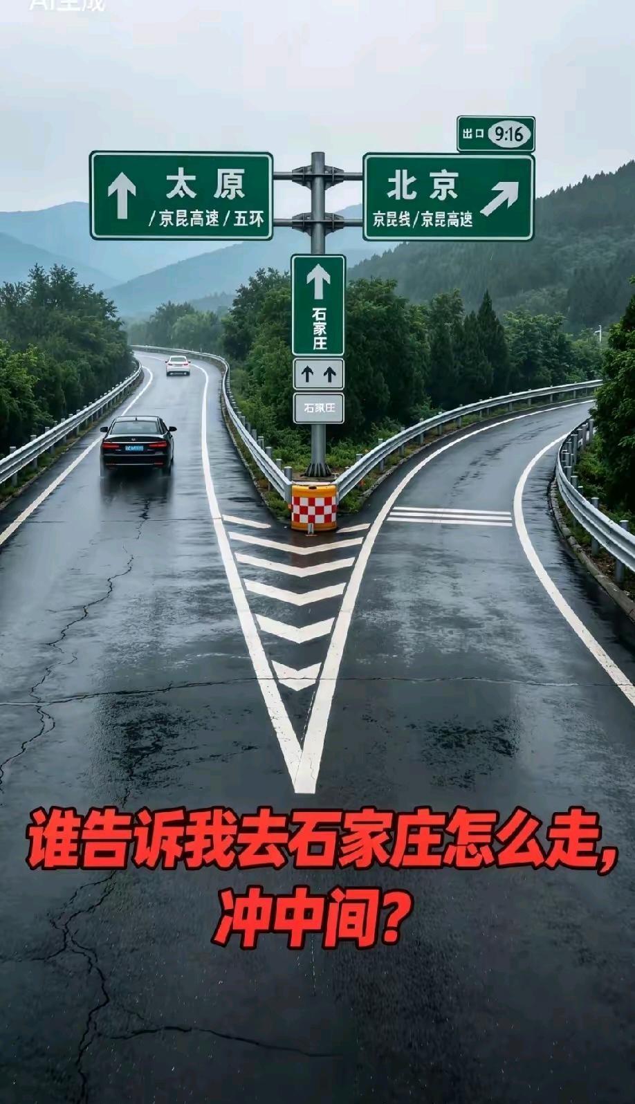 高速路牌看着让人迷糊，直行标太原，下方竖牌直行是石家庄，右岔道往北京。想问问