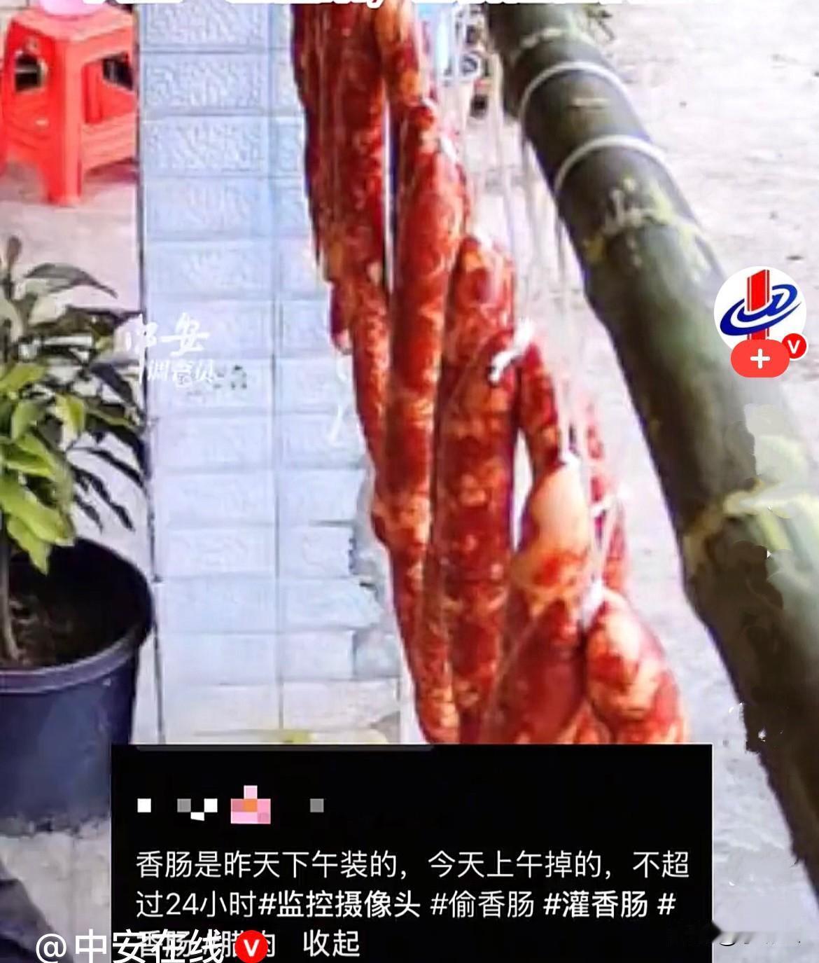 近日，四川成都一家门口用甘蔗当横杆上面晾着昨天晚上灌好的腊肠，看着是真有食欲，那