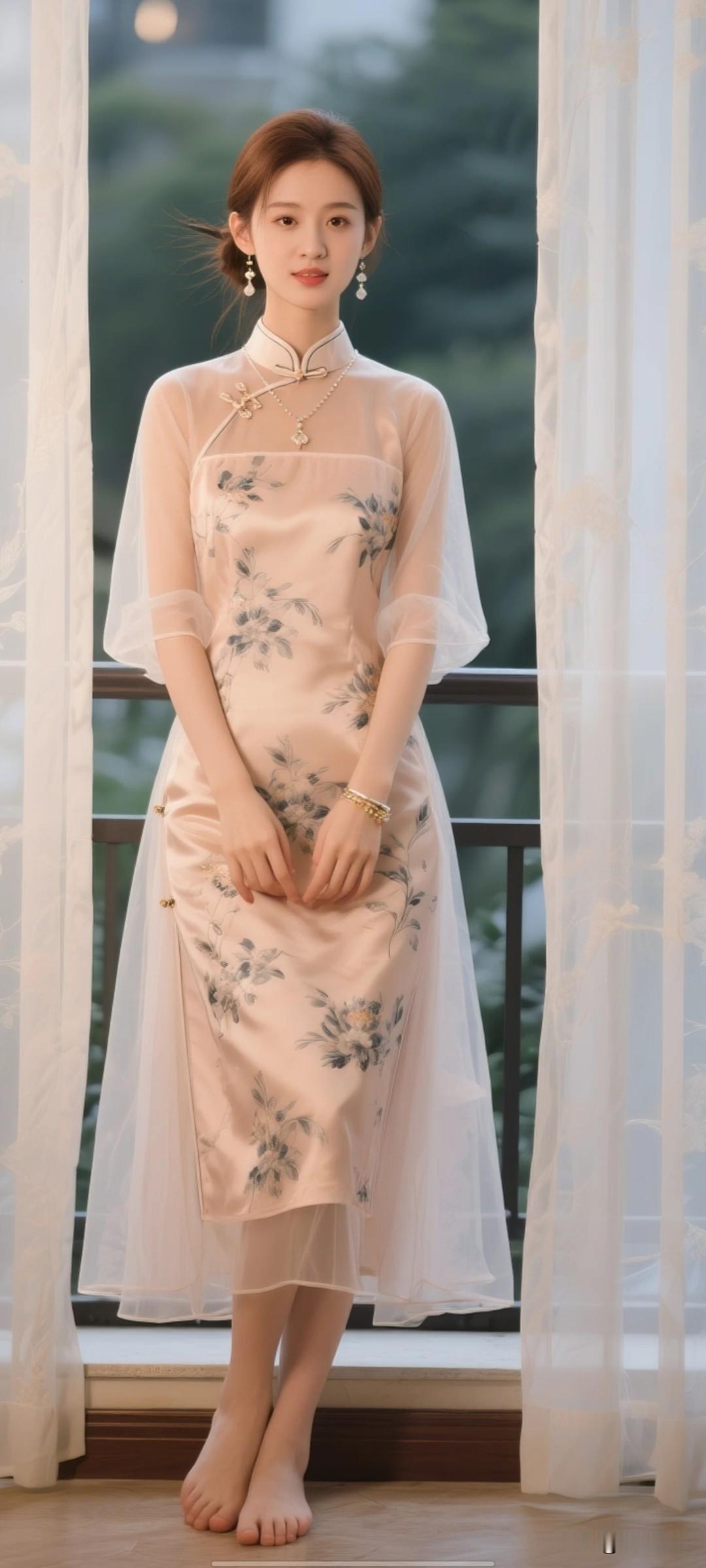 晒图笔记大赛正面拍照，五官清秀，日常精致妆容，棕色仙女低扎发，龙须，身穿薄纱浅槟