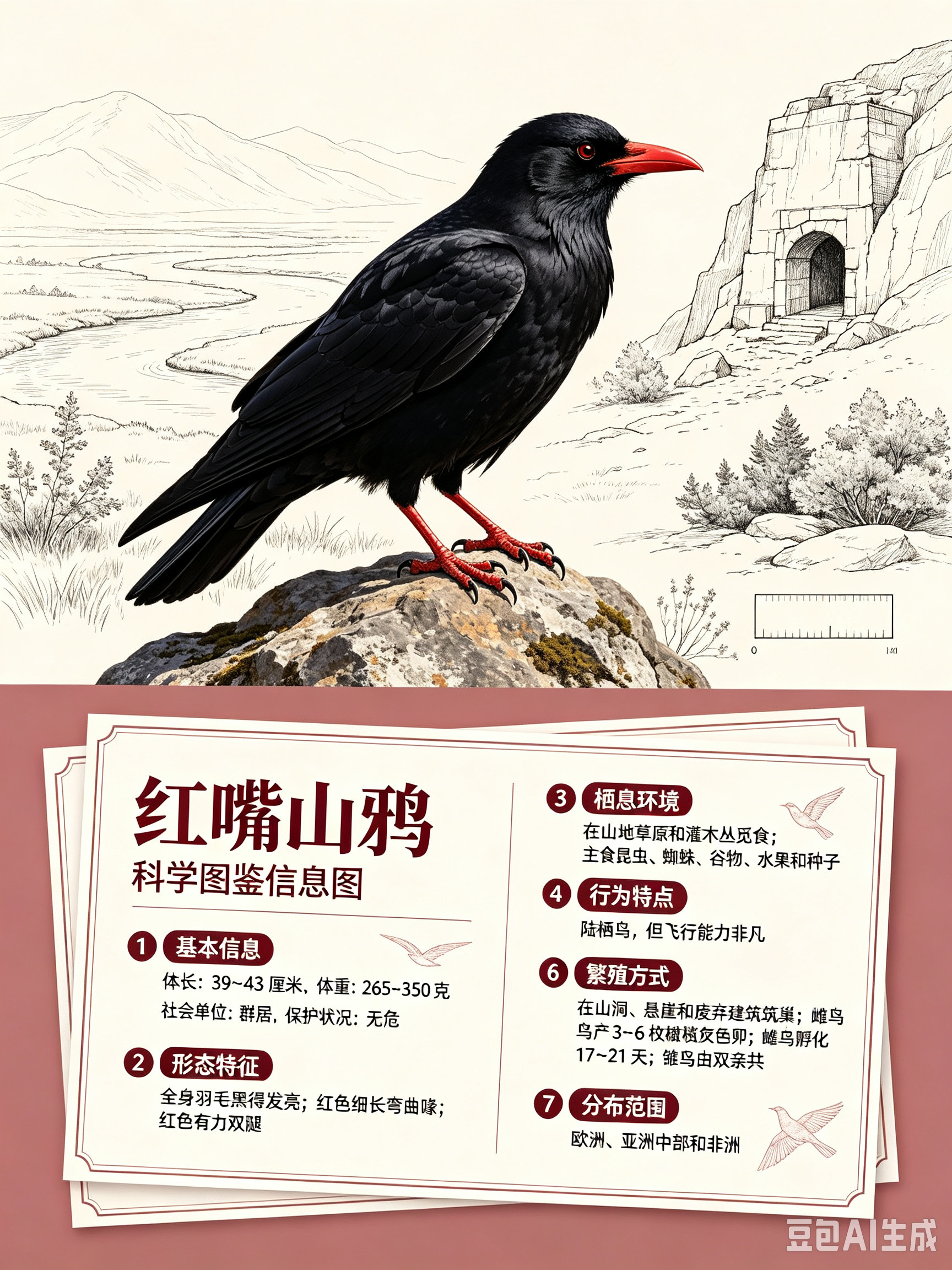 鸟类朋友图鉴红嘴山鸦体长：39~43厘米体重：265~350克社会单位：群
