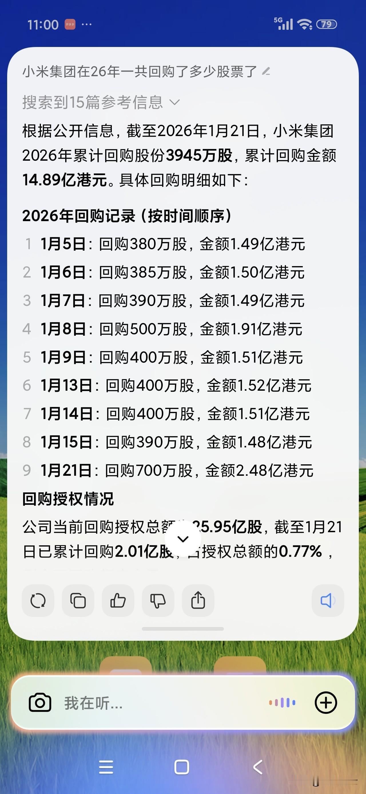 小米在26年截止到昨天，已经累计回购3945万股，累计回购金额14.89亿港元，