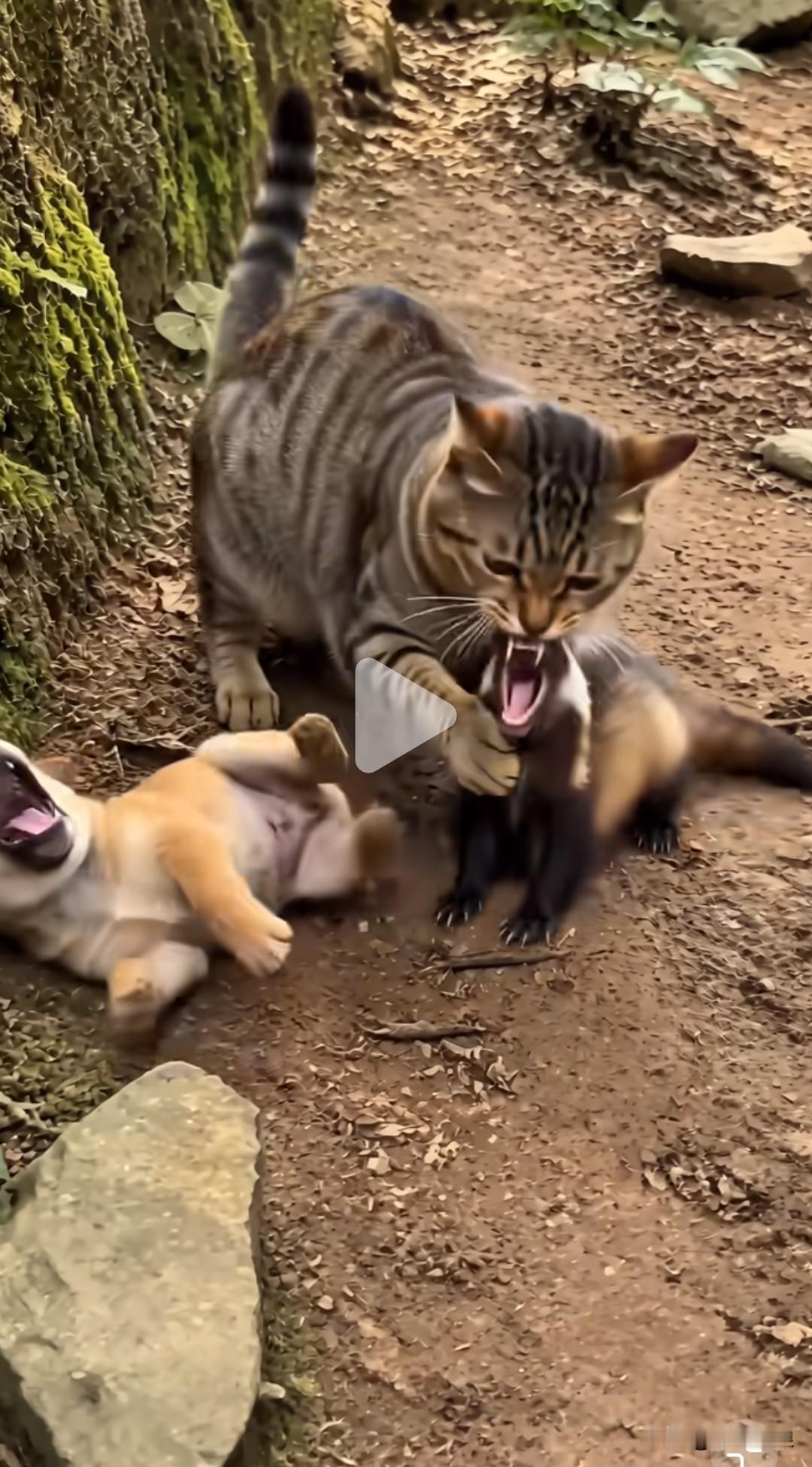 黄鼠狼咬住了小奶狗的关健部位狂叫，猫咪过来一秒钟就制负了黄鼠狼？