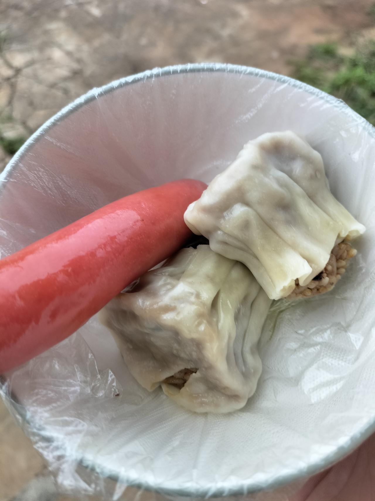 烧麦1元钱一个，是不是又有点偏贵？火腿肠2元钱一根，这是今天早上我买的早餐，我