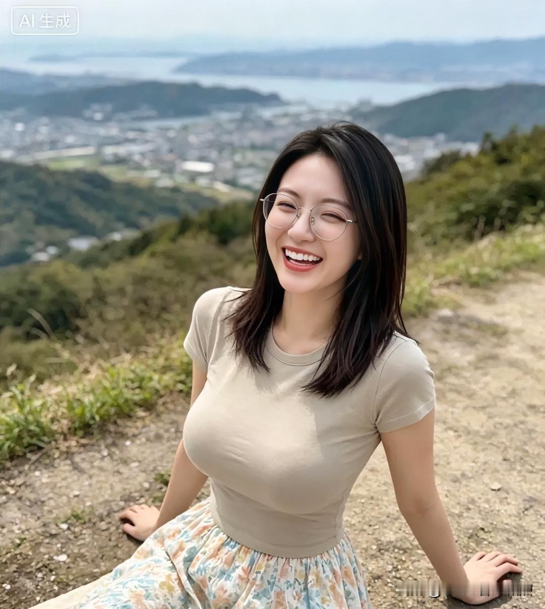 《山巅一笑》青丝随意挽，笑靥胜春花。远岫云烟淡，清风伴彩霞。【注】写