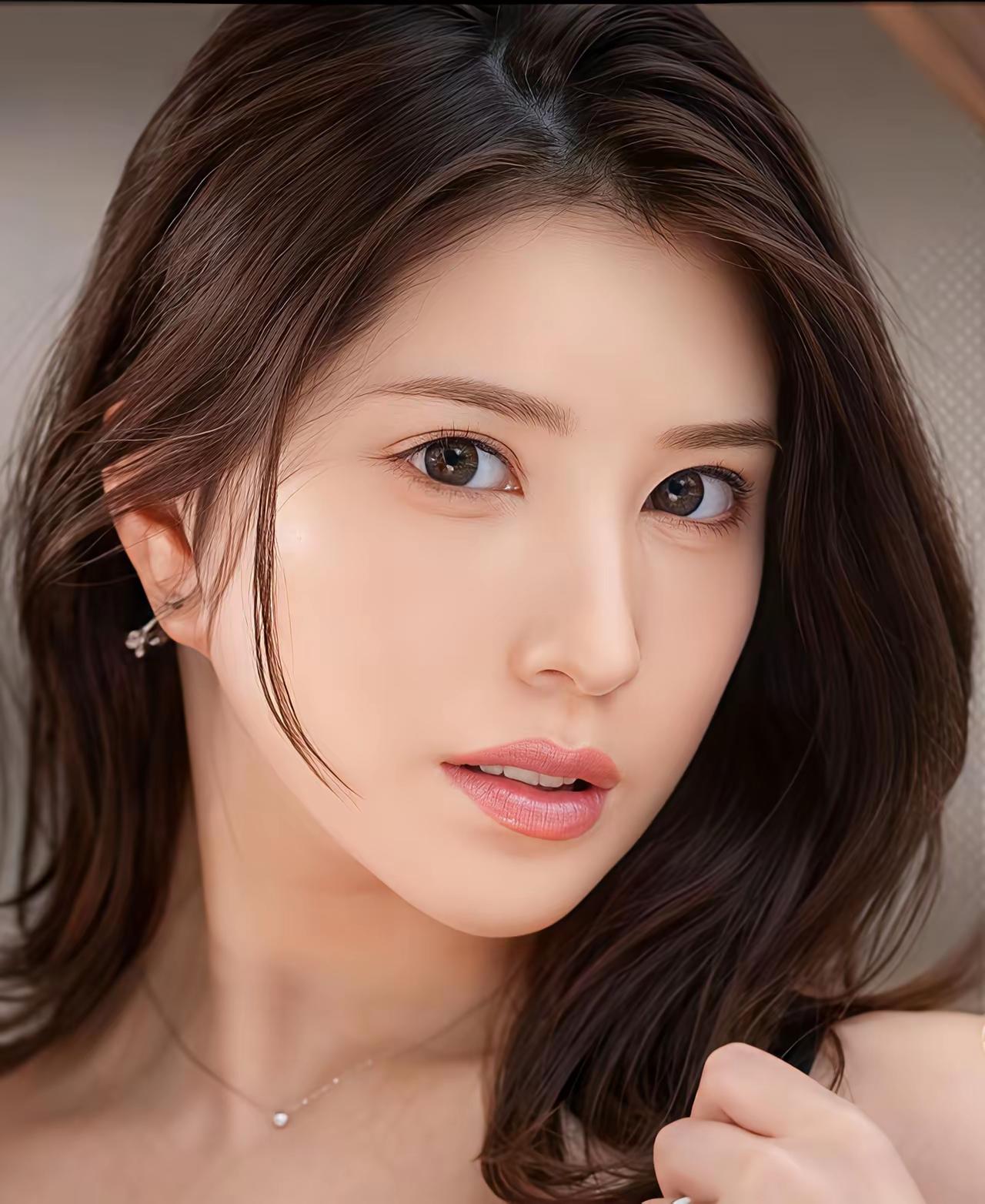 温柔甜美的中年美妇，白皙肌肤，大眼睛，粉色唇妆，自然卷发，佩戴简约耳环和项链。粉