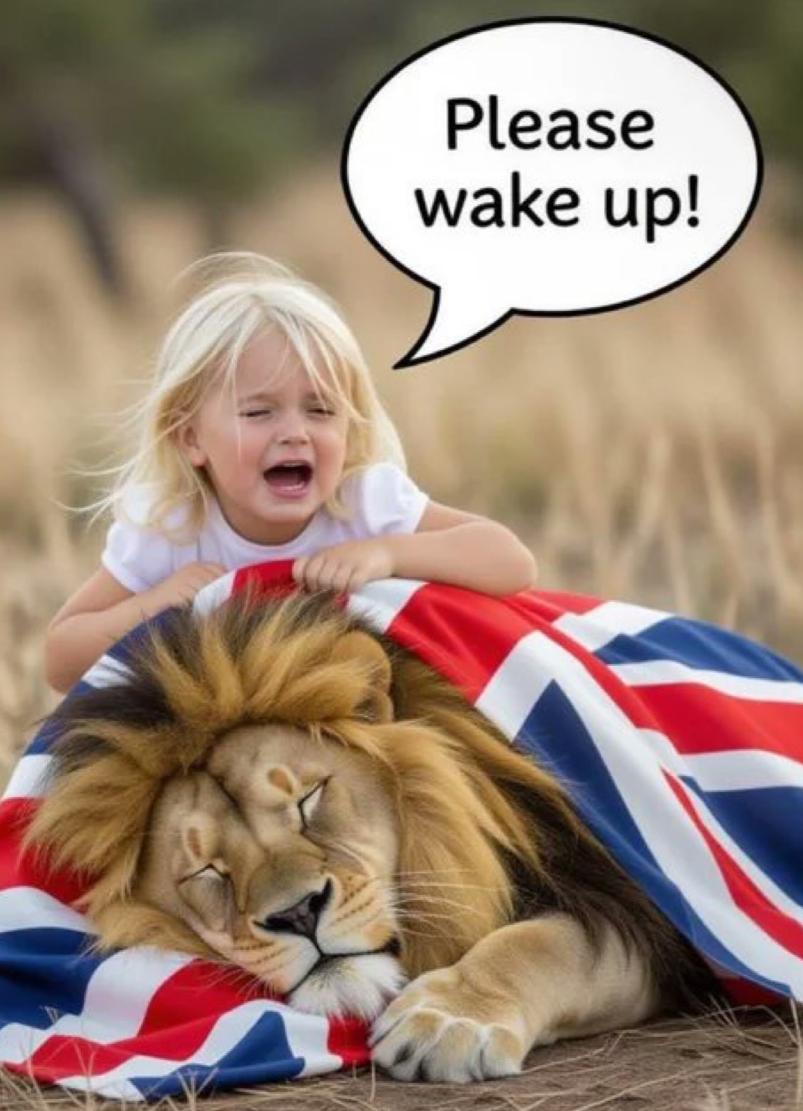 马斯克发了这张AI图片，只见一个白人小女孩正在趴在“英国睡狮”身上，哭喊着要它快