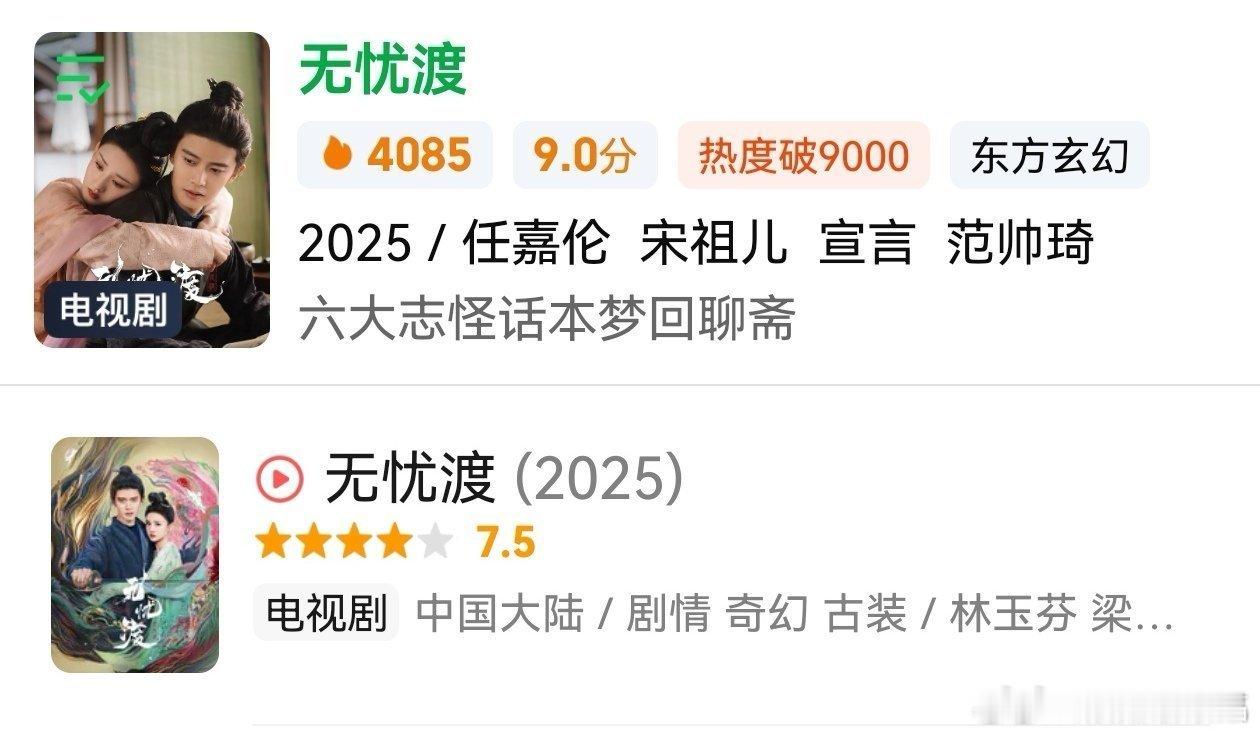 无忧渡在爱奇艺的评分涨至9.0，是爱奇艺2025年唯一的9分剧。无忧渡完结后，无