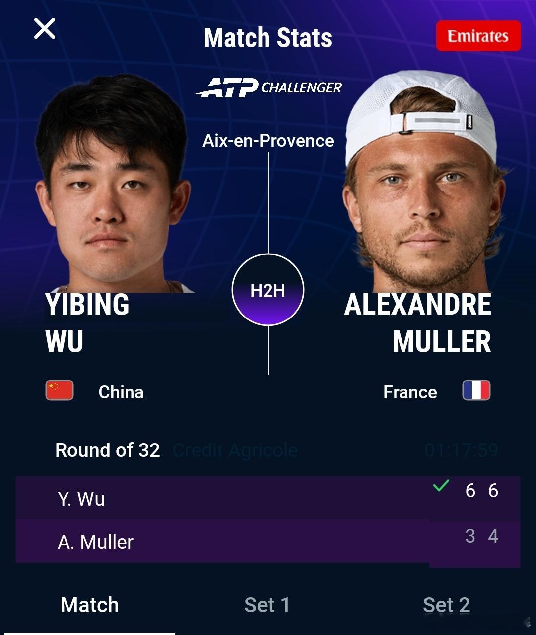 吴易昺淘汰穆勒ATP挑战赛普罗旺斯站首轮，吴易昺以6-36-4击败法国选手穆