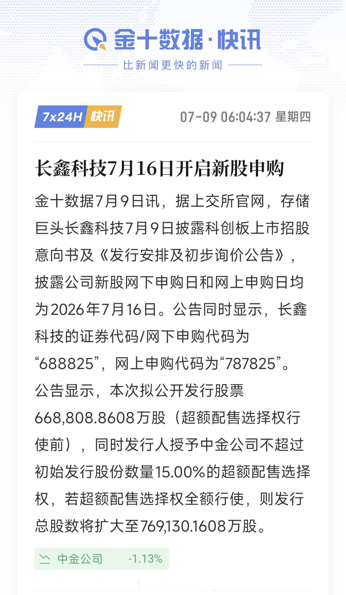 长鑫科技证券代码688825好事多磨。长鑫科技7月16日开始申购。估计7月底8