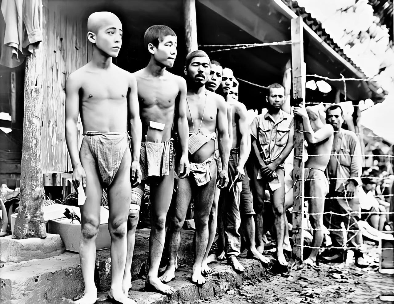 1945年，冲绳岛战役后，被美军俘虏的日本战俘，衣服被扒个精光，穿着内裤，战战兢