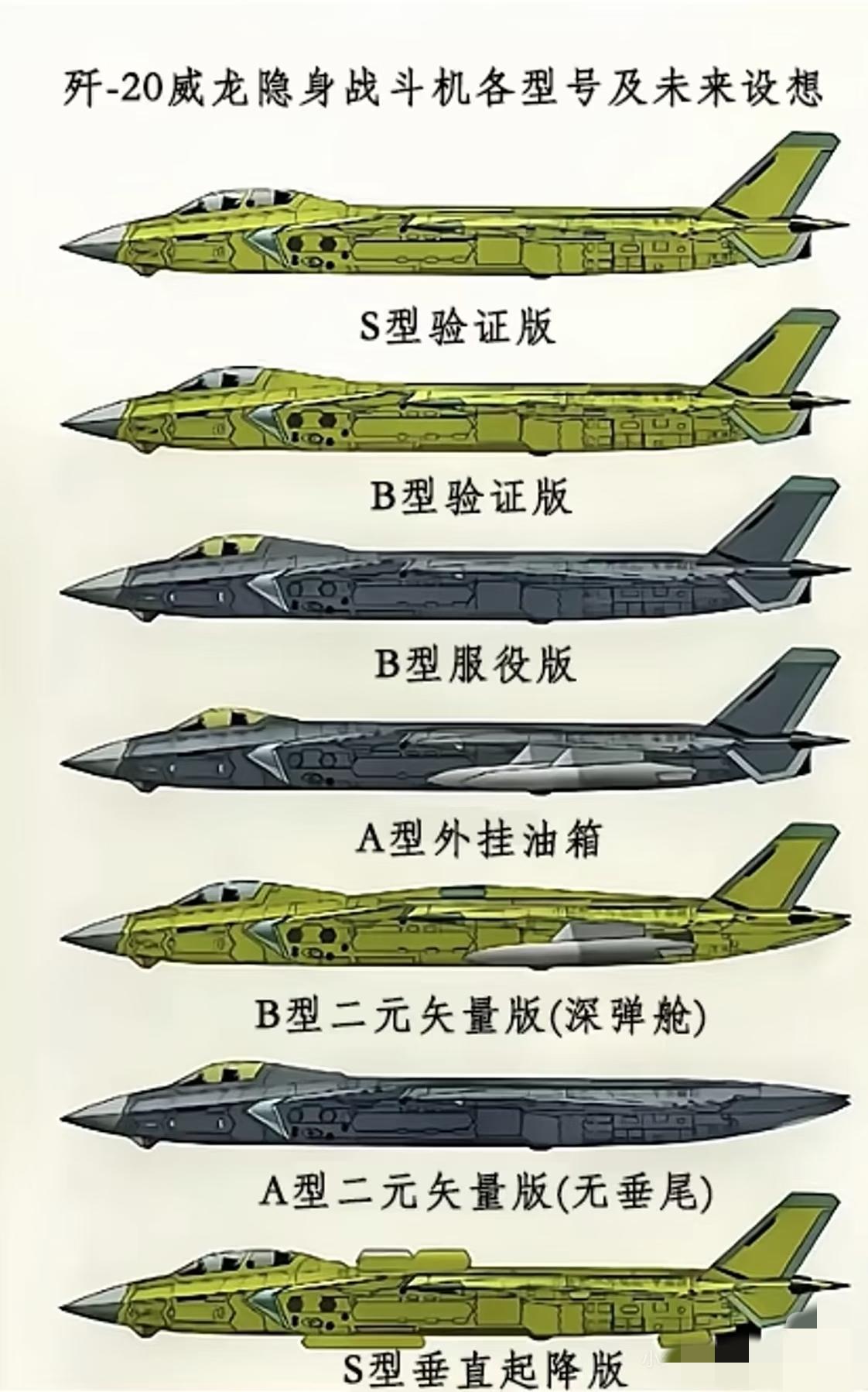 中国目前和研制中最强空中重磅选手。歼20型号齐全，不过？不过只是网友的愿望，实际