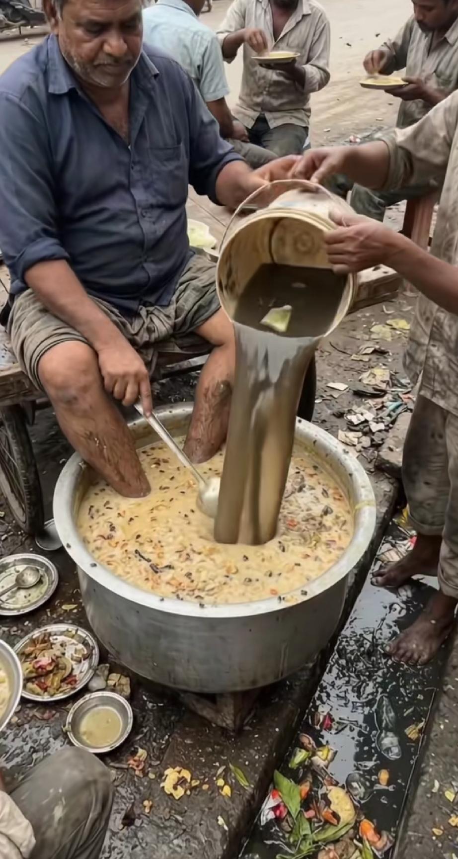谁见过印度街头美食的“沉浸式操作”吗一口巨型大锅，老板直接把双腿泡进锅里，旁