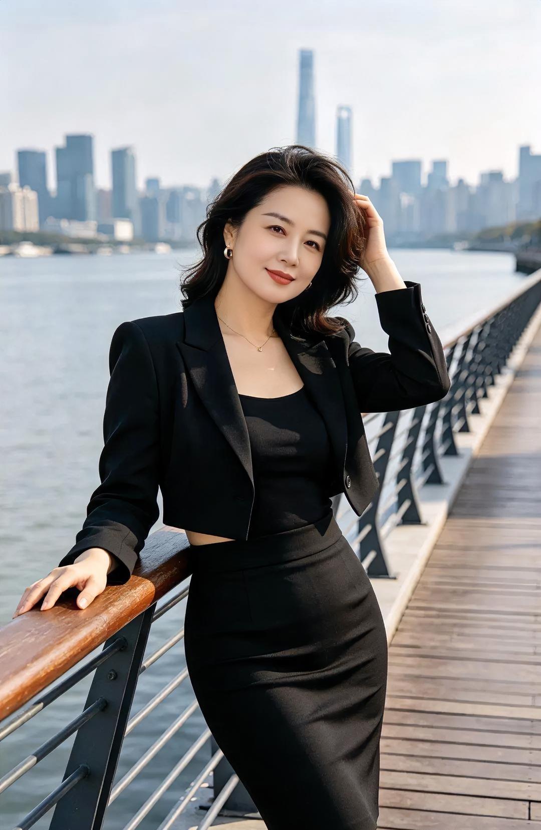 《江畔风华》黑西装裹着干练的柔光，短发轻拂半寸倔强。指尖轻抚木栏的从