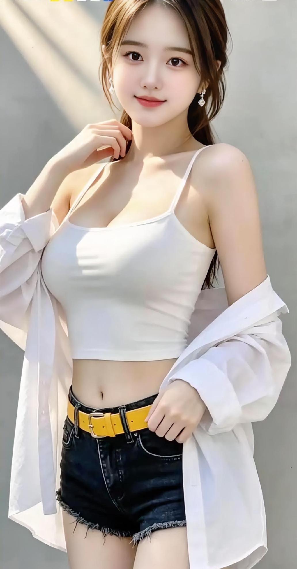 上阕白吊带接住光，衬衫半披风凉。黄腰带系住晴，牛仔裁出短章。
