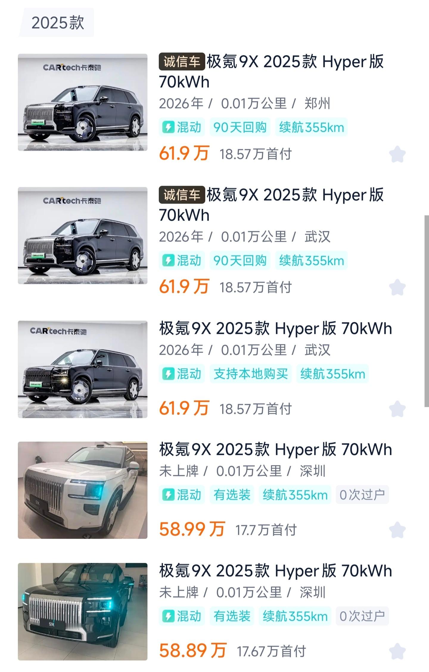 随着极氪9X曜黑版开始交付，二手平台上也有车源了，价格差不多都在65万左右，非常