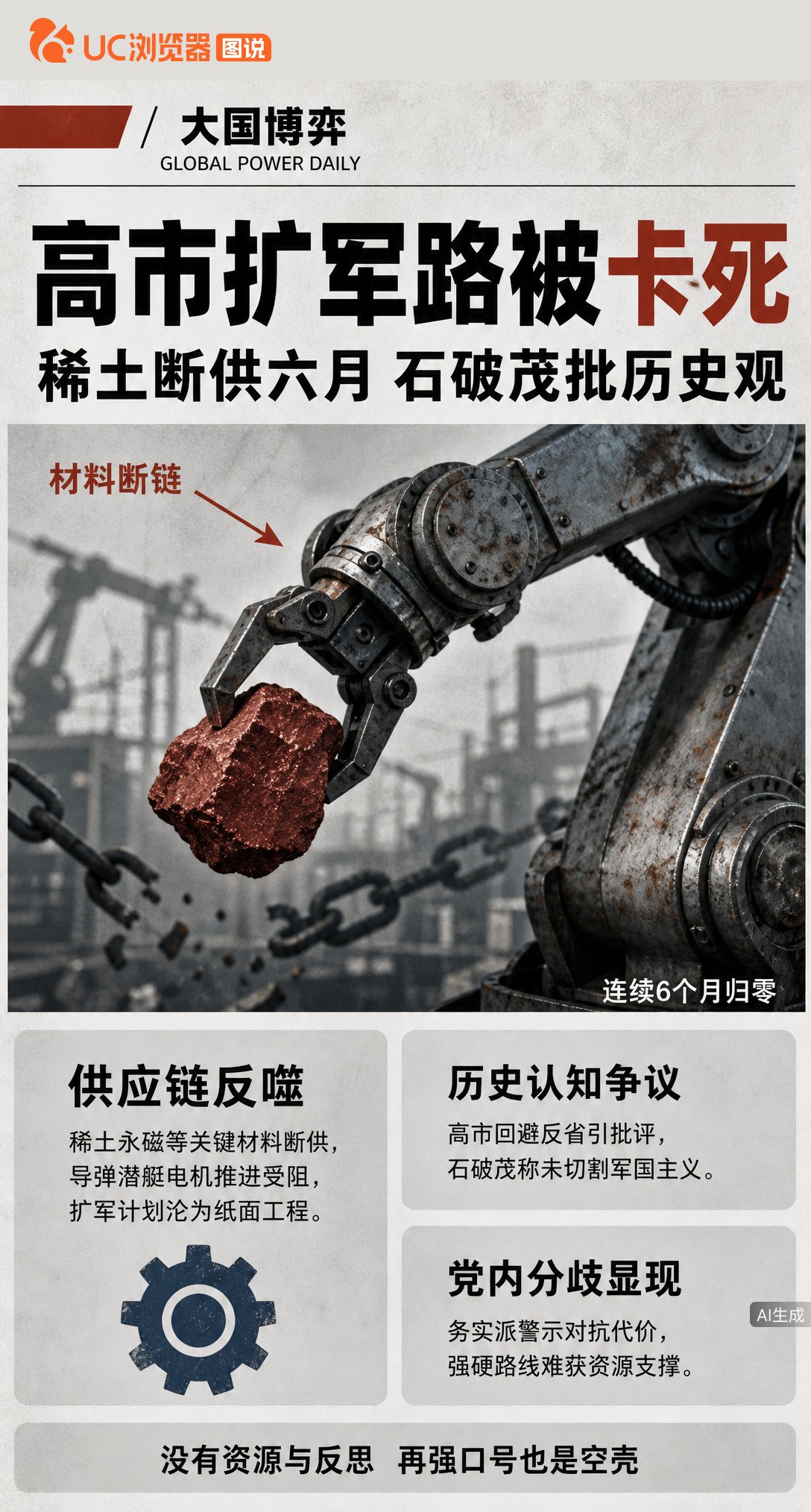 高市早苗扩军喊得响，稀土加工材料自华进口却连零六个月。石破茂直言不反省就没出路，嘴上要强硬、手里缺原