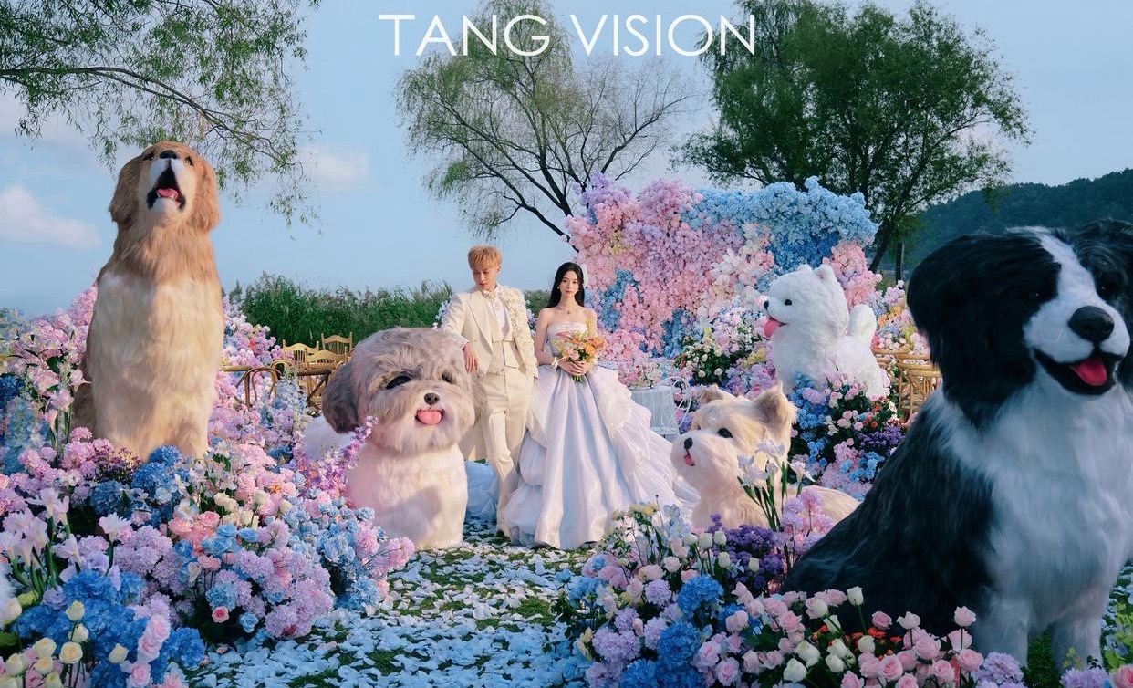 黄子韬徐艺洋喜欢养宠物，把汪星人元素都带进了的婚礼现场。场地摆放了几只巨大的狗狗