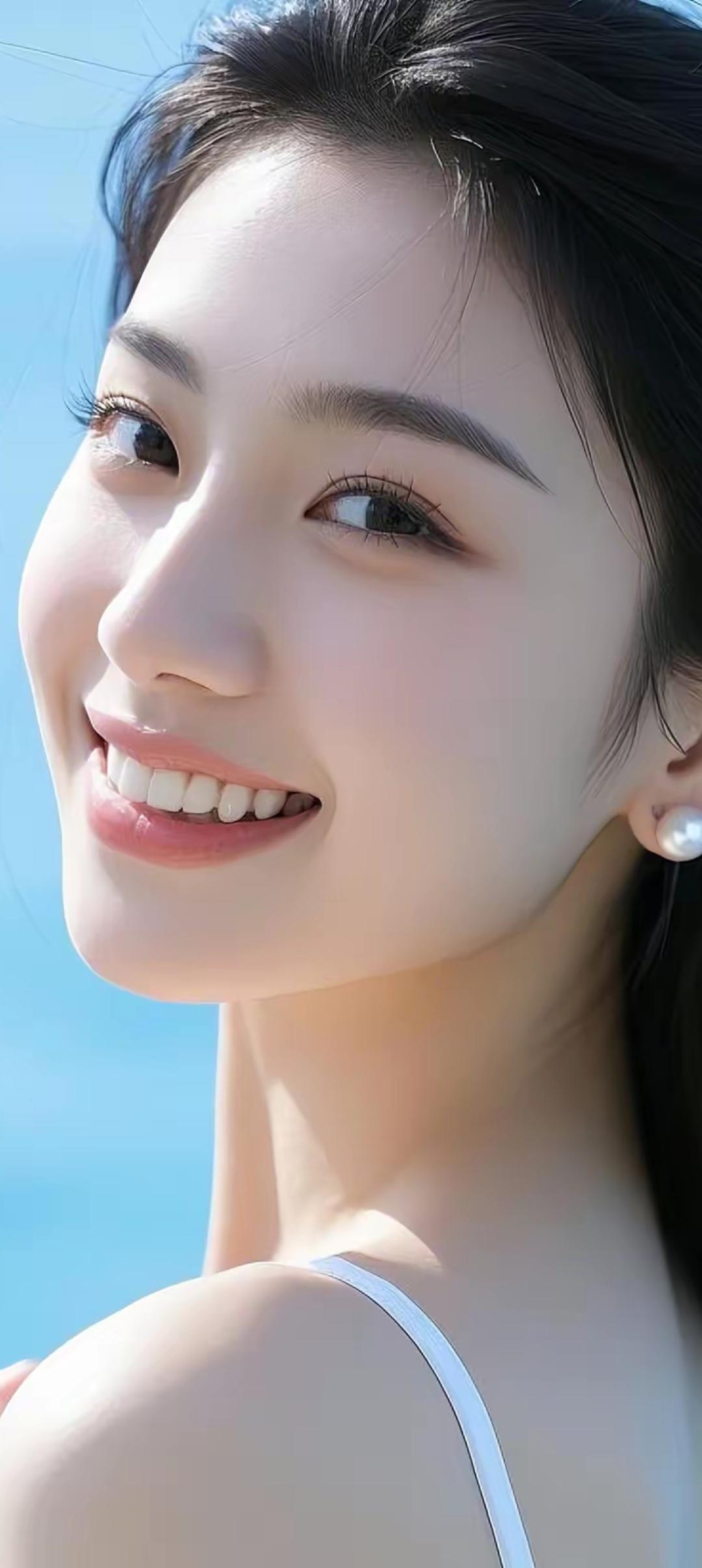 阳光下的微笑，珍珠耳环闪耀，温柔动人。