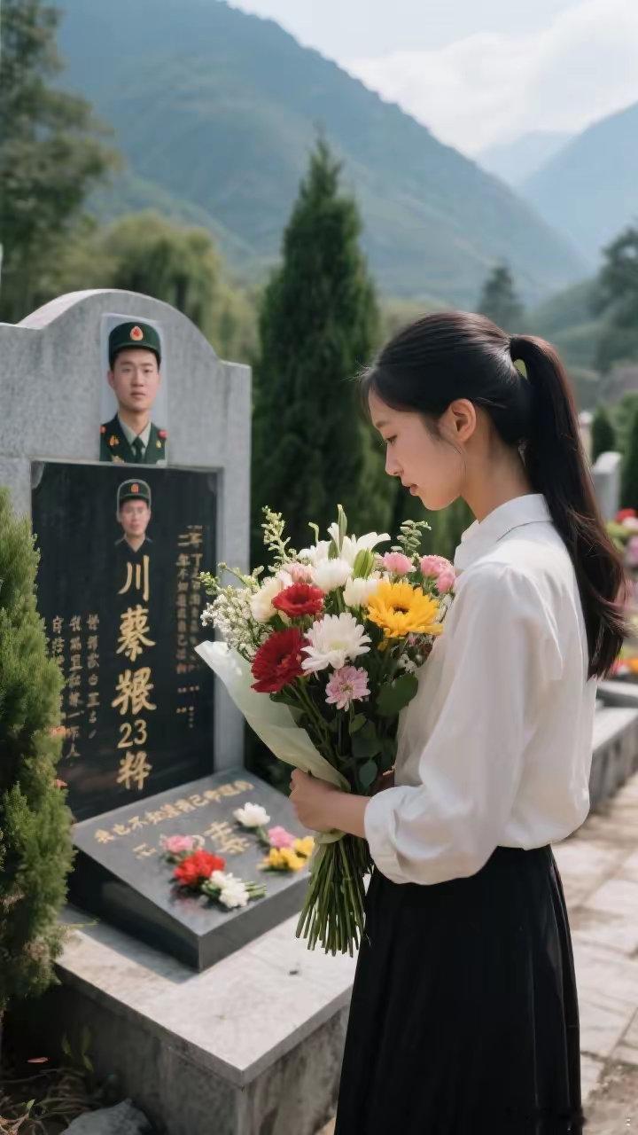 23岁汶川消防员牺牲三年后，女友捧花独坐墓前轻语：“我还没学会忘记你”​清明雨落