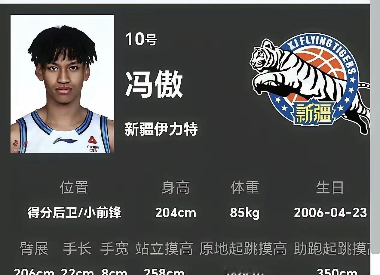 中国篮球小将冯傲CBA体测数据：身高204、臂展大于身高，摸高350，身体天赋