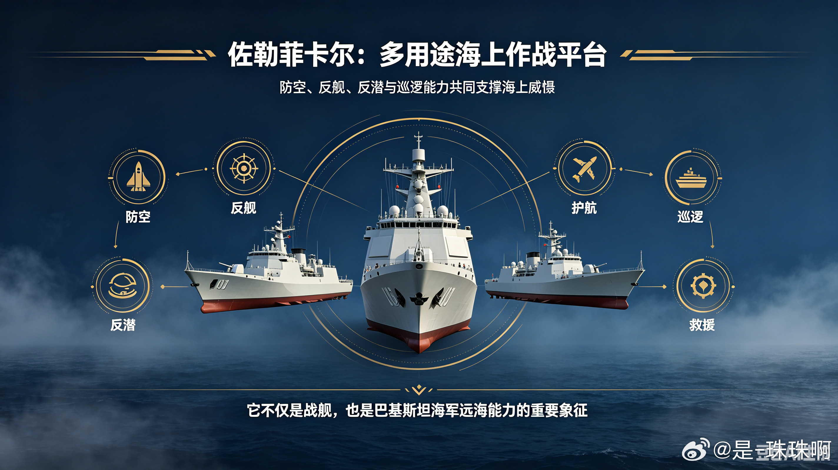 佐勒菲卡尔级，即F-22P型护卫舰，是中巴海上合作的标志性装备，作为巴基斯坦海军近海防御核心，该级舰