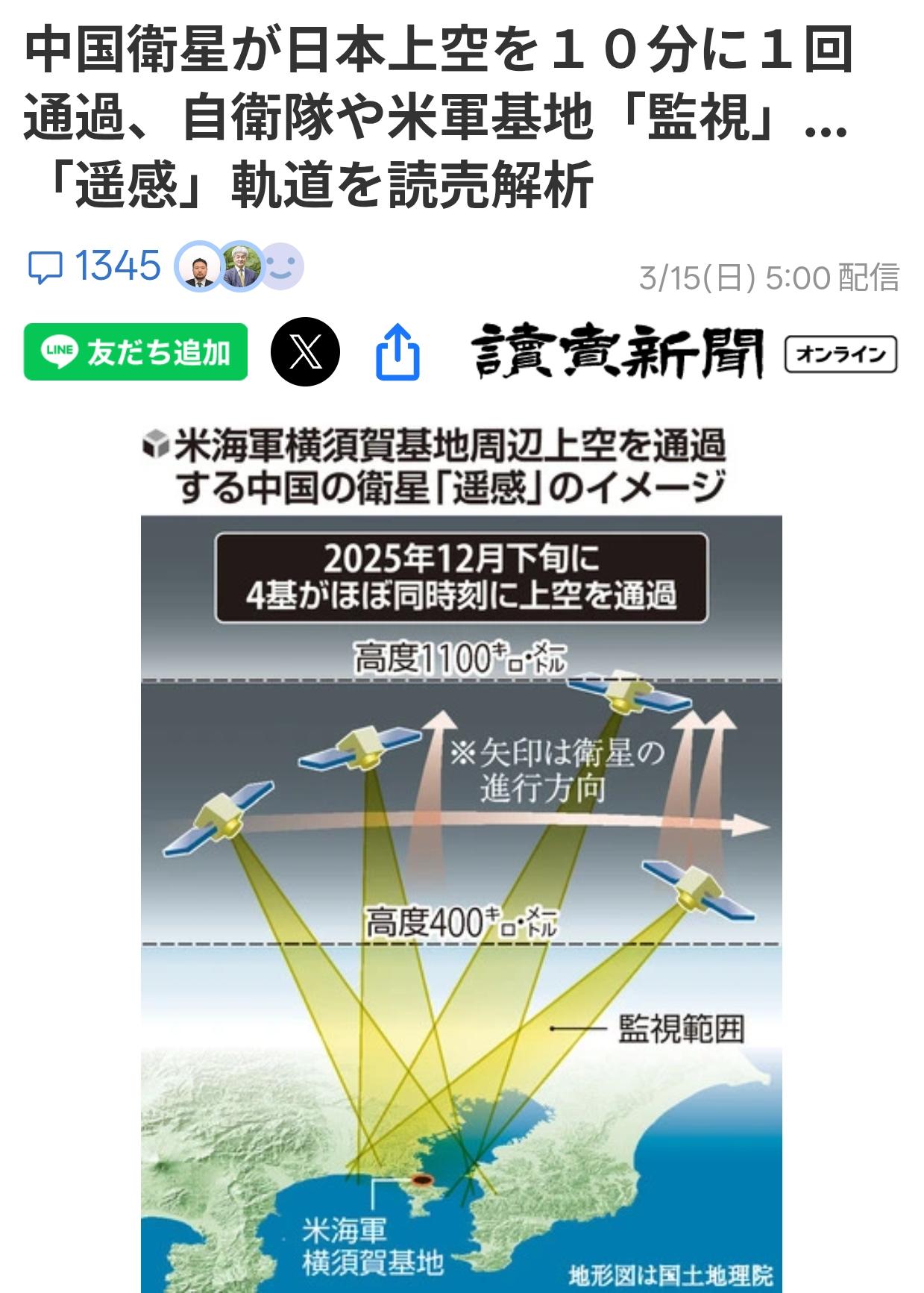 中国对周边动态了如指掌3月15日《读卖新闻》刊文称：卫星每10分钟飞越1次日本