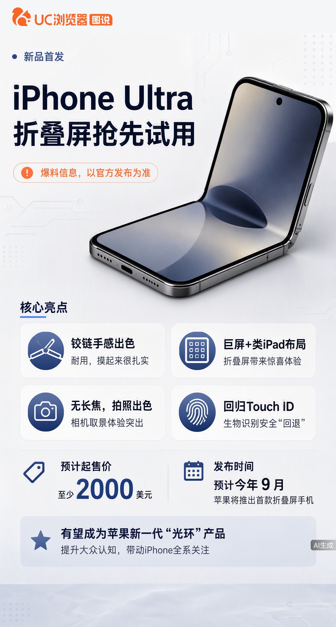 苹果折叠屏iPhoneUltra被曝试用反馈不错，铰链耐用还能塞口袋。但预计售价超2000美元却砍了