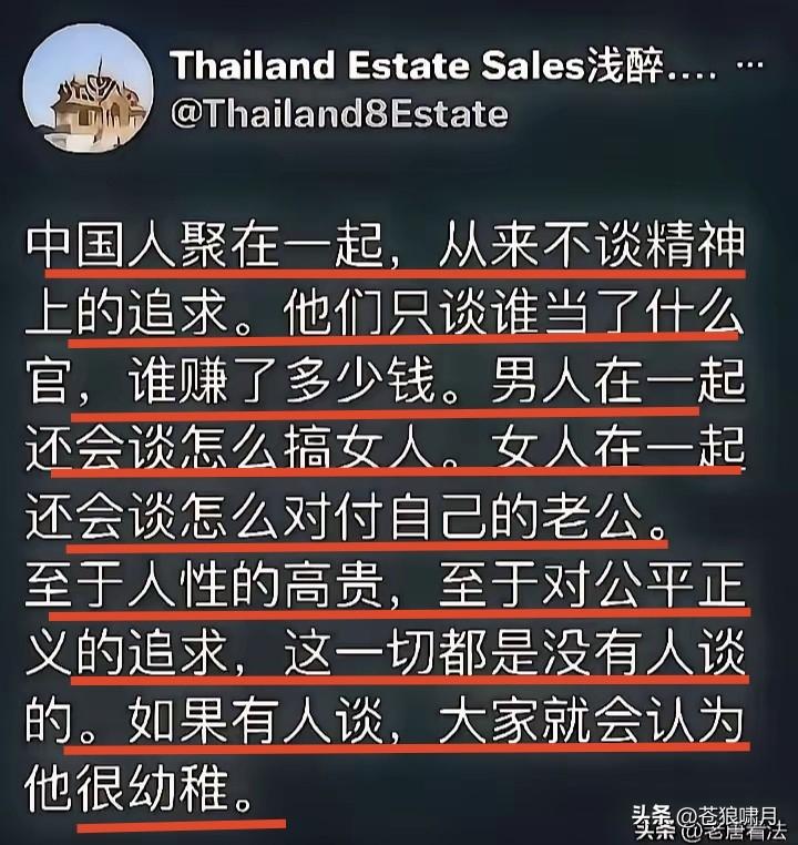 这位网友是高人:有些国人聚在一起，从不谈精神方面的追求。只谈谁当了什么官，谁赚了