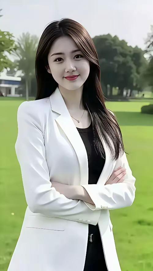 自信满满的白领女性，绿意盎然的户外背景，时尚穿搭，职场风范。