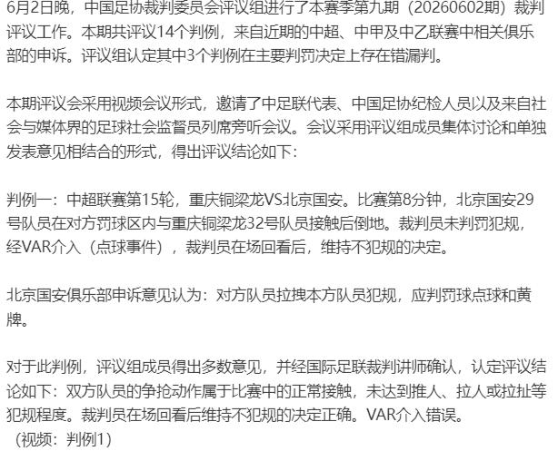 中超申诉评价中的奇特用语！！中国足协公布了最新一期的裁判评议，其中中超重庆铜