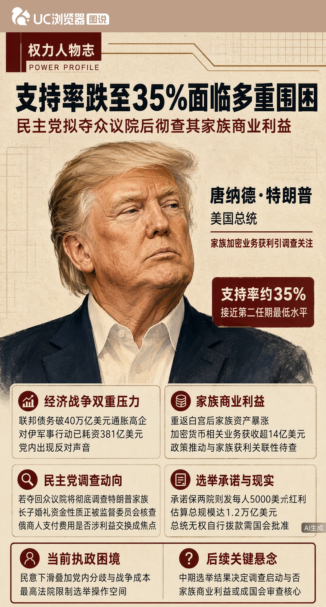特朗普支持率跌至35%，民主党放话夺回众议院就查其家族。长子婚礼资金已被盯上，加密业务获利23亿也待