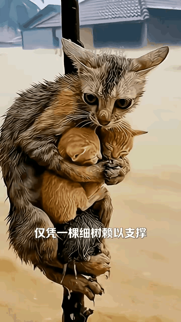 母爱最伟大!在浑浊的洪水中中，猫妈妈用双爪紧紧抱住两只小猫，无助中并没有把两脚