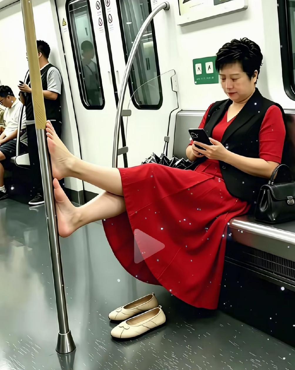 美女的优雅被自己的双脚揉碎。地铁上美女把双脚放在扶手上，看这个高度，恰恰是儿童经