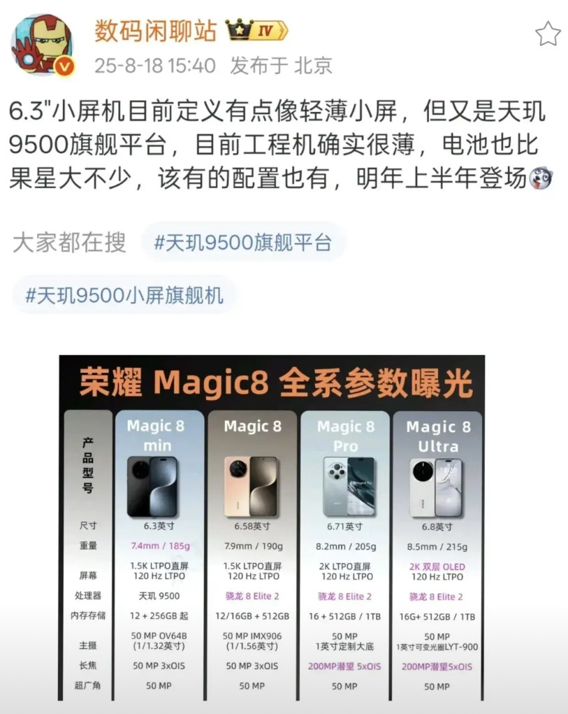 天玑9500小屏旗舰+荣耀Magic8全系！明年上半年要杀来一款超有意思的小屏旗